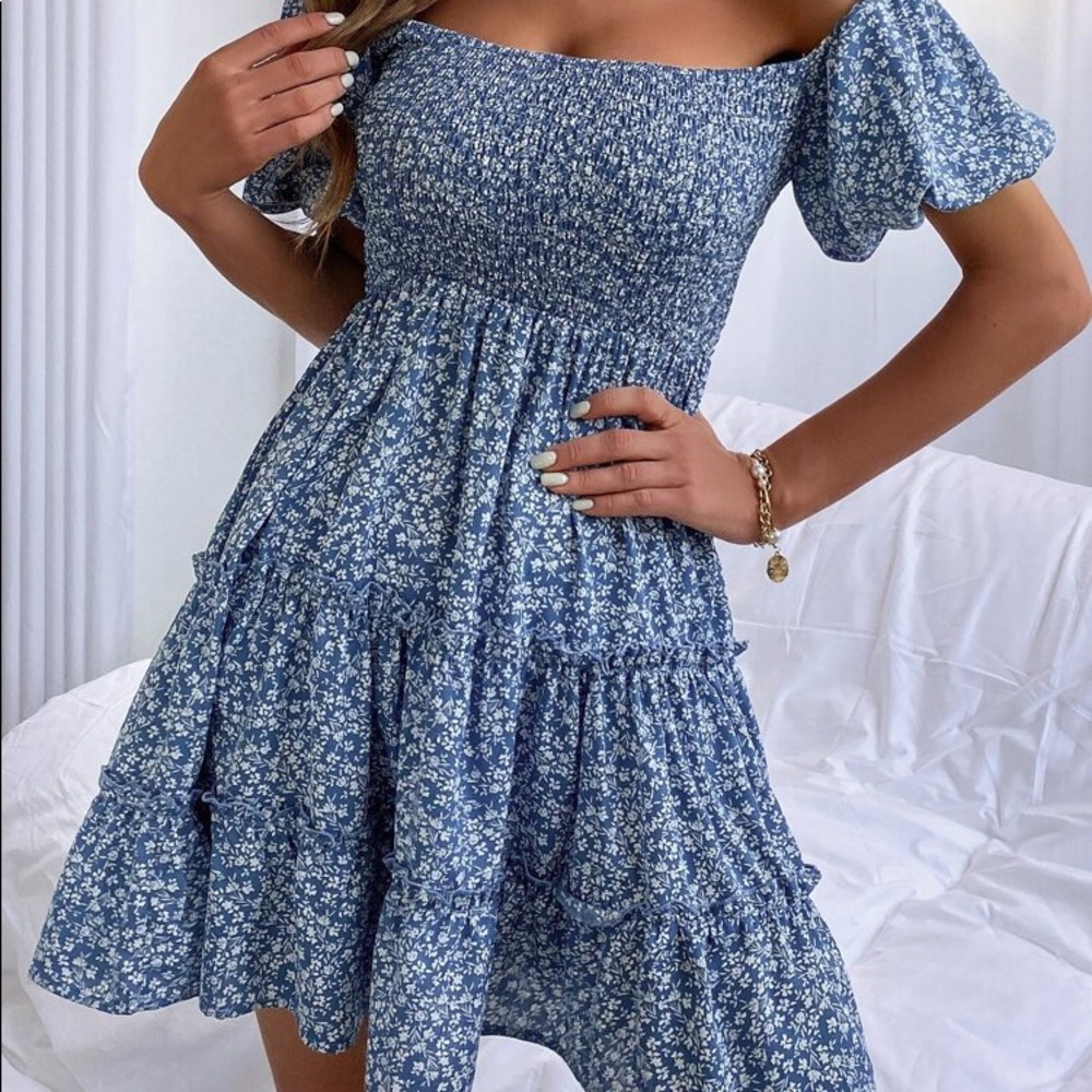 Off The Shoulder Ditsy Floral Print Shirred Dress